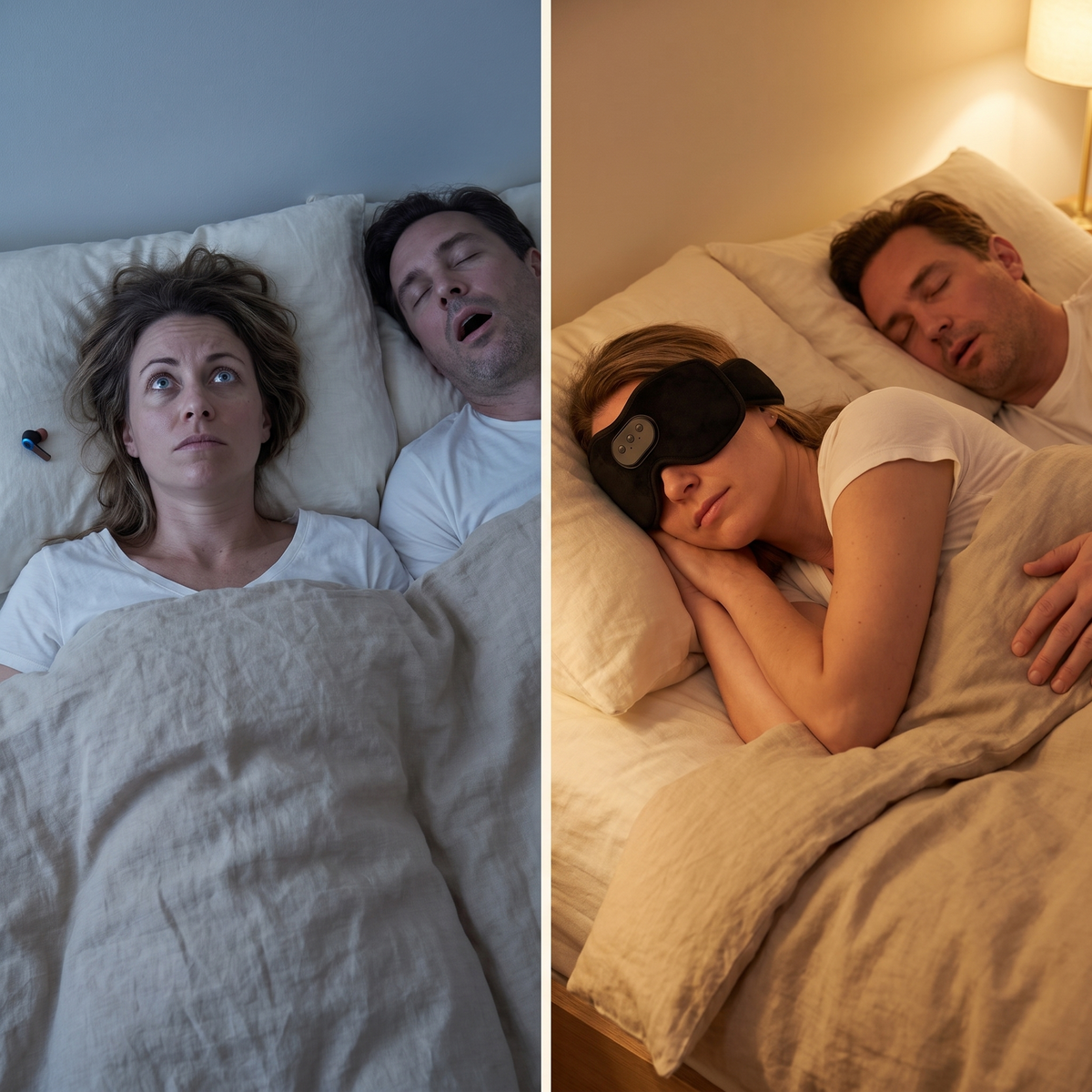 Avant : elle ne dort pas à côté de lui qui ronfle. Après : elle dort avec le masque Dorlotte.